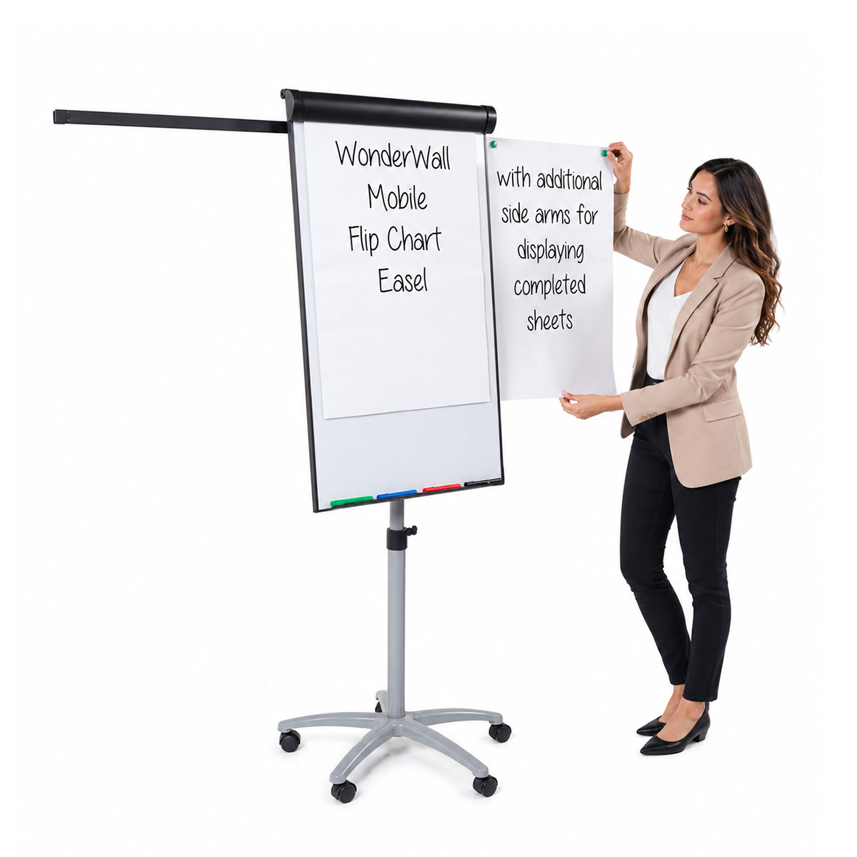 Mobile Magnetic Flipchart Easel with 2 extended arms