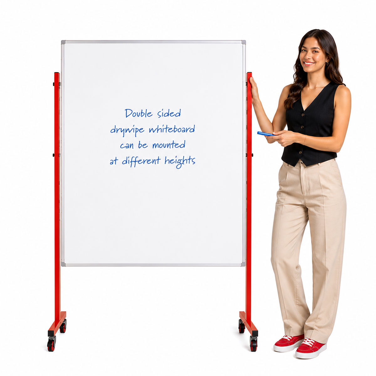 Height-Adjustable Mobile Non-Magnetic Whiteboard - Red Frame 